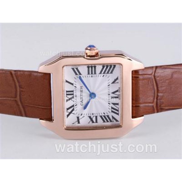 Cartier Santos Dumont Rose Gold Case with White Dial-Leather Strap