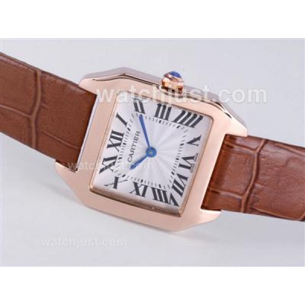 Cartier Santos Dumont Rose Gold Case with White Dial-Leather Strap