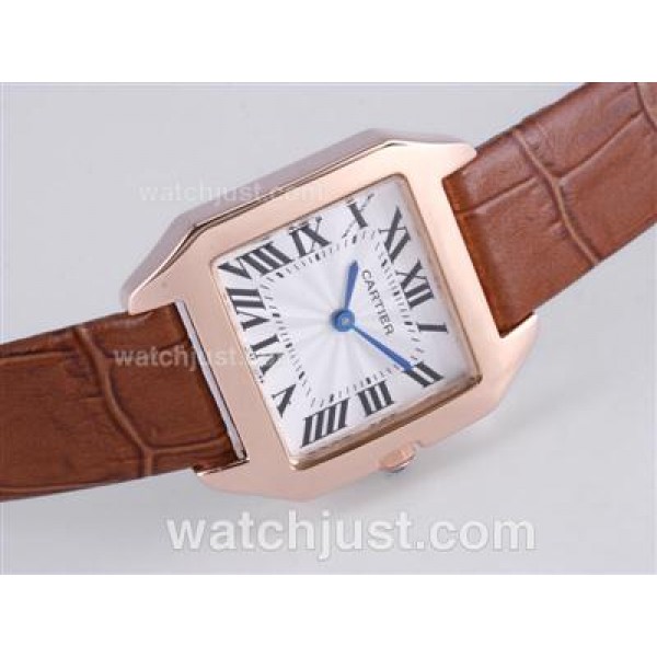 Cartier Santos Dumont Rose Gold Case with White Dial-Leather Strap