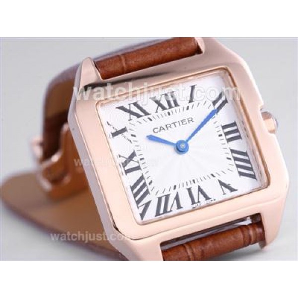 Cartier Santos Dumont Rose Gold Case with White Dial-Leather Strap