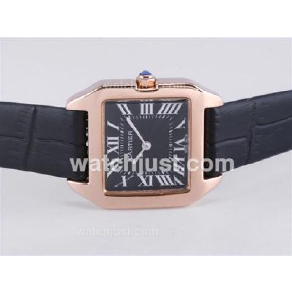 Cartier Santos Dumont Rose Gold Case with Black Dial-Leather Strap