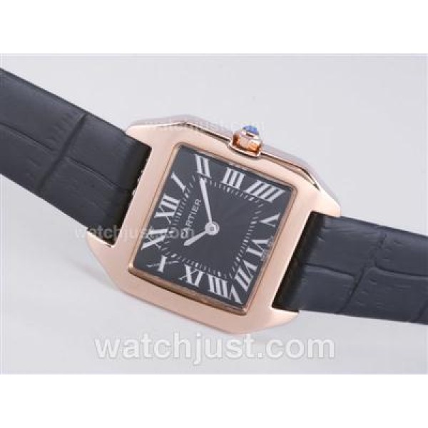 Cartier Santos Dumont Rose Gold Case with Black Dial-Leather Strap