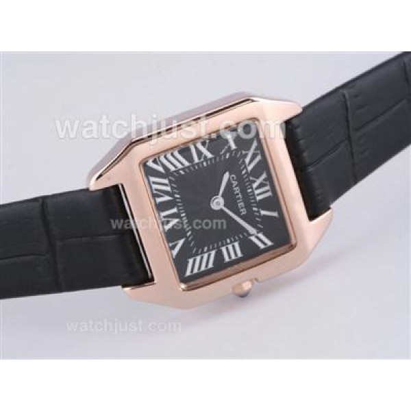 Cartier Santos Dumont Rose Gold Case with Black Dial-Leather Strap