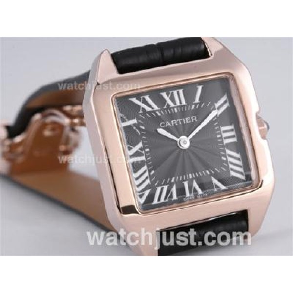 Cartier Santos Dumont Rose Gold Case with Black Dial-Leather Strap