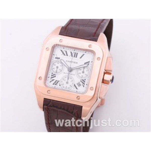 Cartier Santos 100 Chronograph Swiss Valjoux 7750 Movement Rose Gold Case-28800bph