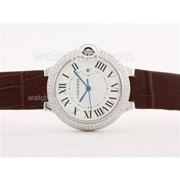 Cartier Ballon Bleu de Cartier Diamond Bezel White Dial with Brown Strap -Lady Size