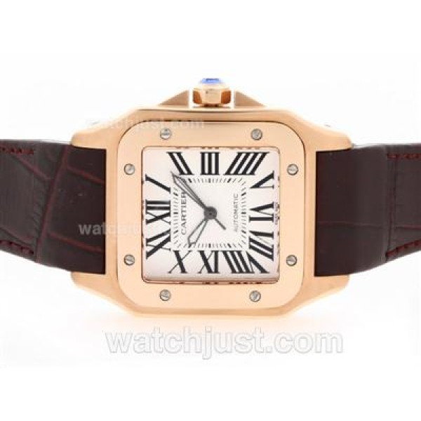 Cartier Santos 100 Swiss ETA 2836 Movement Rose Gold Case with White Dial-Brown Leather Strap