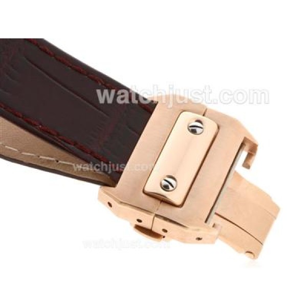 Cartier Santos 100 Swiss ETA 2836 Movement Rose Gold Case with White Dial-Brown Leather Strap