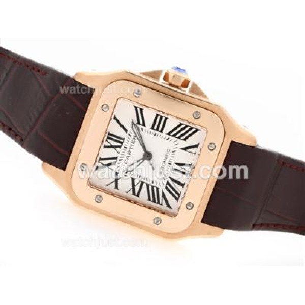 Cartier Santos 100 Swiss ETA 2836 Movement Rose Gold Case with White Dial-Brown Leather Strap