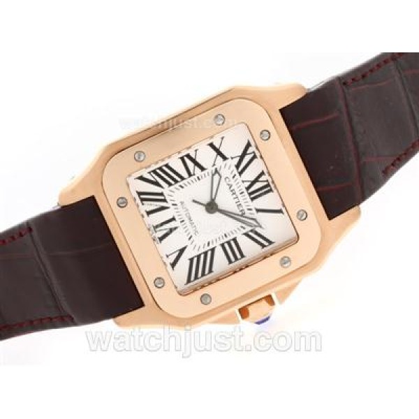 Cartier Santos 100 Swiss ETA 2836 Movement Rose Gold Case with White Dial-Brown Leather Strap