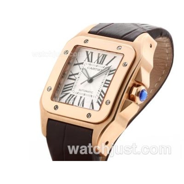 Cartier Santos 100 Swiss ETA 2836 Movement Rose Gold Case with White Dial-Brown Leather Strap
