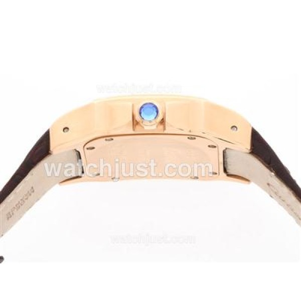 Cartier Santos 100 Swiss ETA 2836 Movement Rose Gold Case with White Dial-Brown Leather Strap