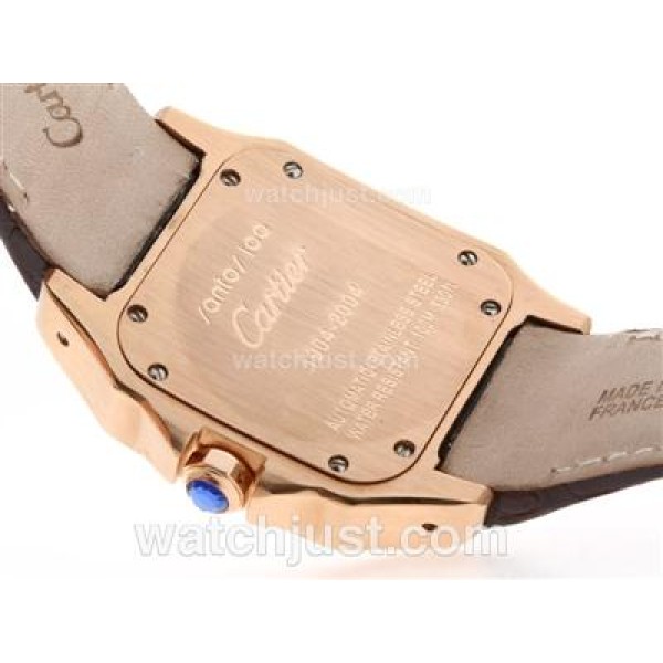 Cartier Santos 100 Swiss ETA 2836 Movement Rose Gold Case with White Dial-Brown Leather Strap