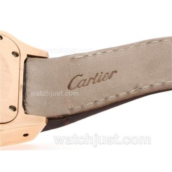 Cartier Santos 100 Swiss ETA 2836 Movement Rose Gold Case with White Dial-Brown Leather Strap