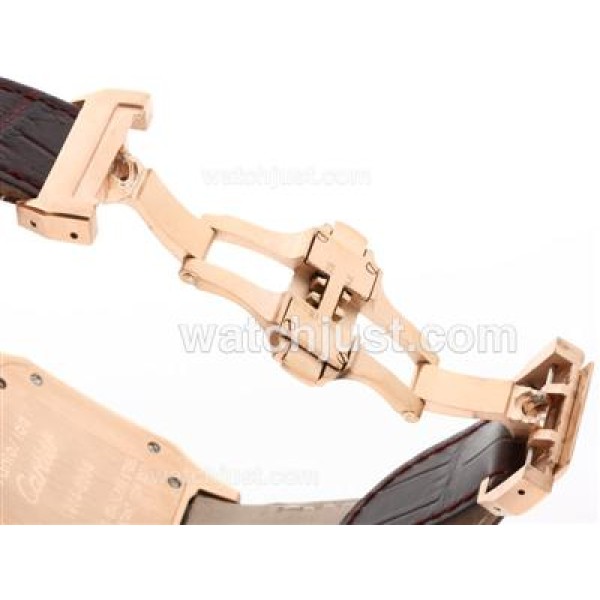 Cartier Santos 100 Swiss ETA 2836 Movement Rose Gold Case with White Dial-Brown Leather Strap