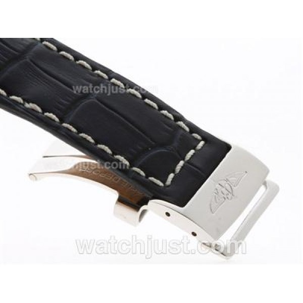 Breitling Dark Blue Leather Strap with Deployment Buckle-White Stitching