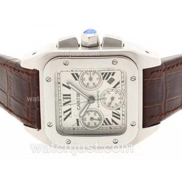 Cartier Santos 100 Chronograph Swiss Valjoux 7750 Movement with White Dial-Brown Leather Strap