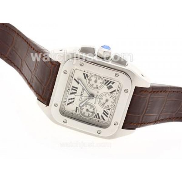 Cartier Santos 100 Chronograph Swiss Valjoux 7750 Movement with White Dial-Brown Leather Strap