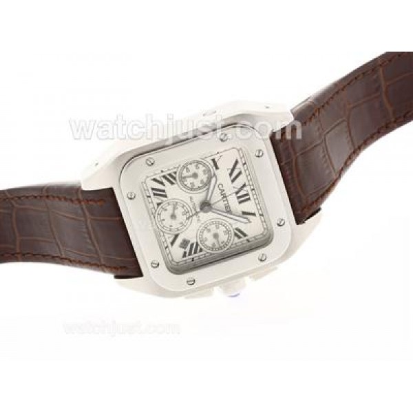 Cartier Santos 100 Chronograph Swiss Valjoux 7750 Movement with White Dial-Brown Leather Strap