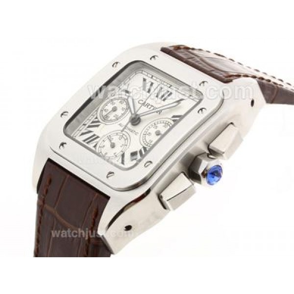 Cartier Santos 100 Chronograph Swiss Valjoux 7750 Movement with White Dial-Brown Leather Strap