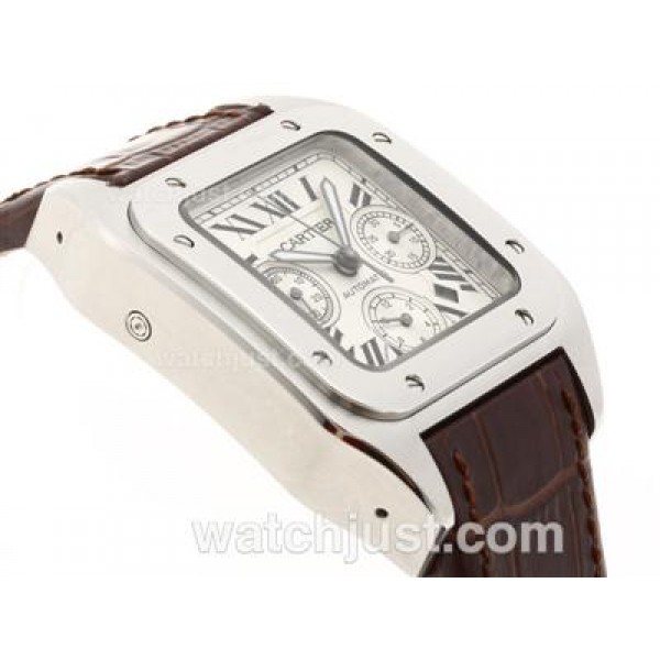 Cartier Santos 100 Chronograph Swiss Valjoux 7750 Movement with White Dial-Brown Leather Strap