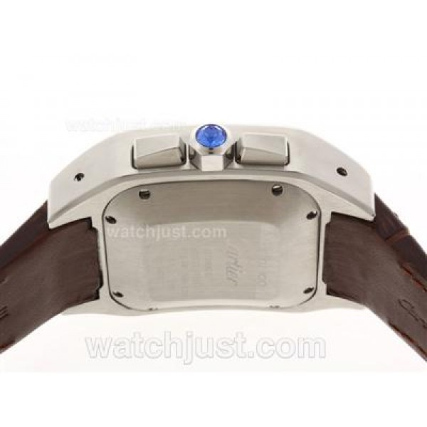 Cartier Santos 100 Chronograph Swiss Valjoux 7750 Movement with White Dial-Brown Leather Strap
