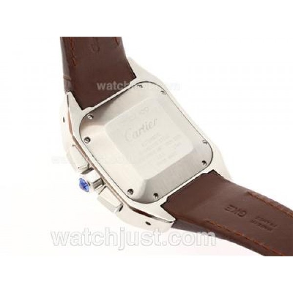 Cartier Santos 100 Chronograph Swiss Valjoux 7750 Movement with White Dial-Brown Leather Strap