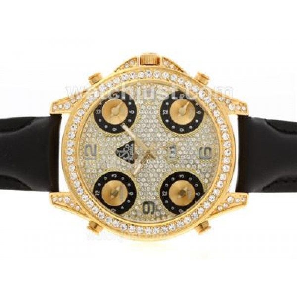 Jacob & Co Classic Five Time Zone Gold Case Full Diamond with Leather Strap