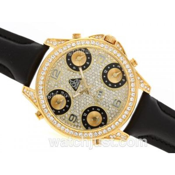 Jacob & Co Classic Five Time Zone Gold Case Full Diamond with Leather Strap