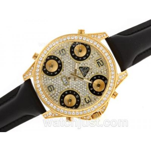 Jacob & Co Classic Five Time Zone Gold Case Full Diamond with Leather Strap