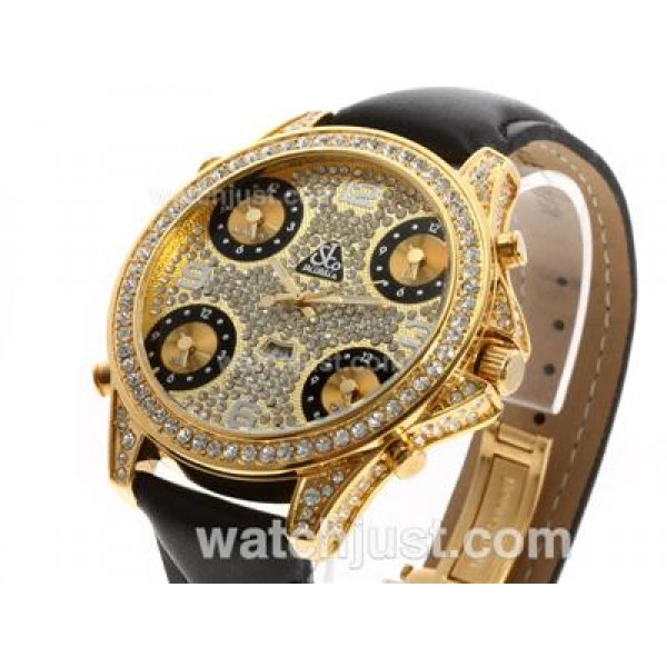 Jacob & Co Classic Five Time Zone Gold Case Full Diamond with Leather Strap