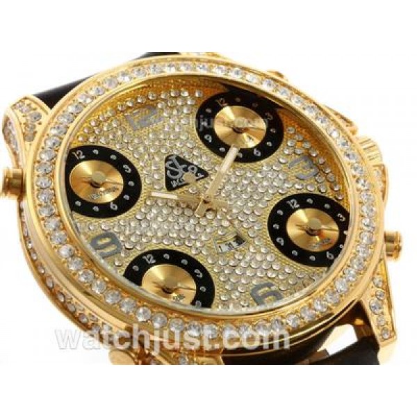 Jacob & Co Classic Five Time Zone Gold Case Full Diamond with Leather Strap