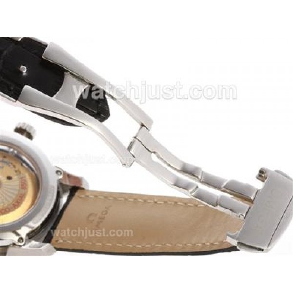 Omega Hour Vision See Thru Case Swiss ETA 2836 Movement with Black Dial-Leather Strap
