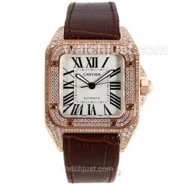 Cartier Santos 100 Swiss ETA 2892 Movement Rose Gold Case Diamond Bezel with White Dial-Leather Strap