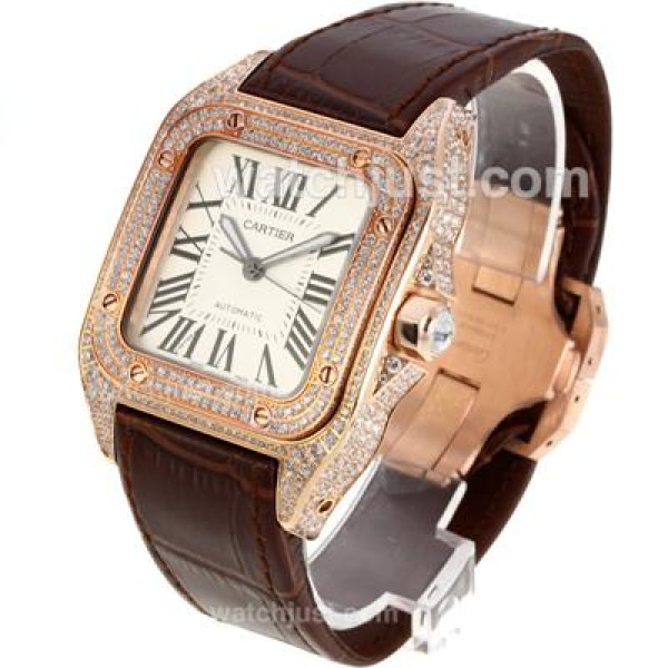 Cartier Santos 100 Swiss ETA 2892 Movement Rose Gold Case Diamond Bezel with White Dial-Leather Strap