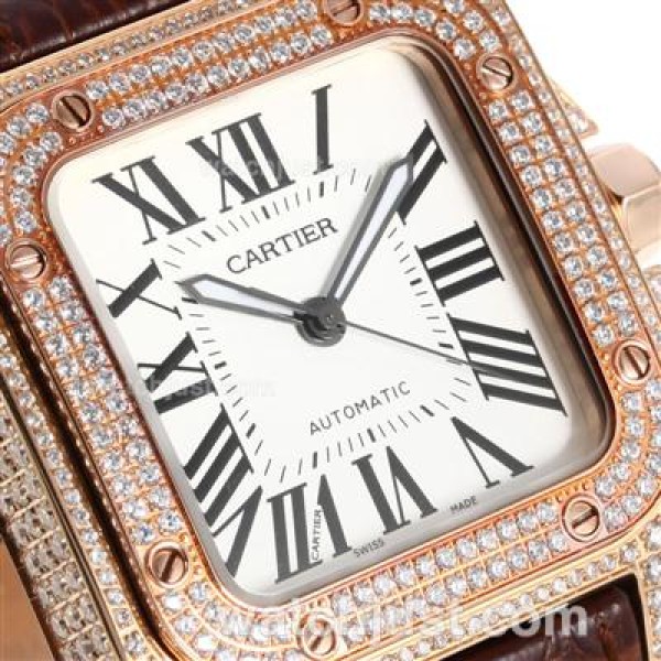 Cartier Santos 100 Swiss ETA 2892 Movement Rose Gold Case Diamond Bezel with White Dial-Leather Strap