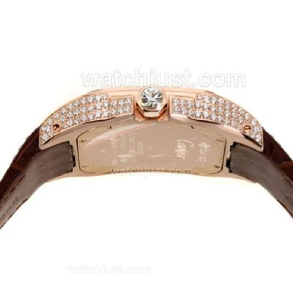 Cartier Santos 100 Swiss ETA 2892 Movement Rose Gold Case Diamond Bezel with White Dial-Leather Strap