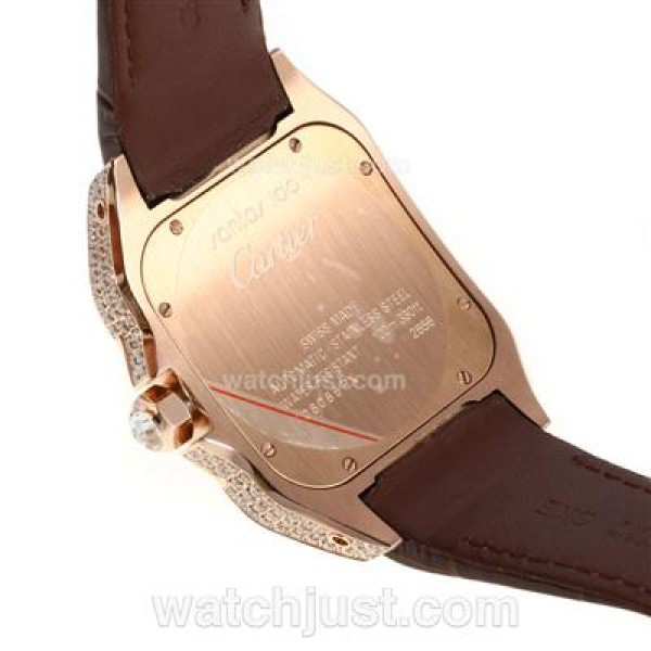 Cartier Santos 100 Swiss ETA 2892 Movement Rose Gold Case Diamond Bezel with White Dial-Leather Strap