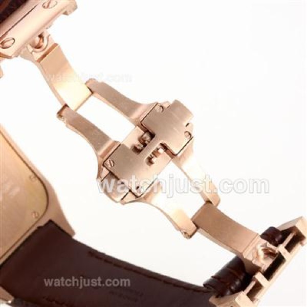 Cartier Santos 100 Swiss ETA 2892 Movement Rose Gold Case Diamond Bezel with White Dial-Leather Strap