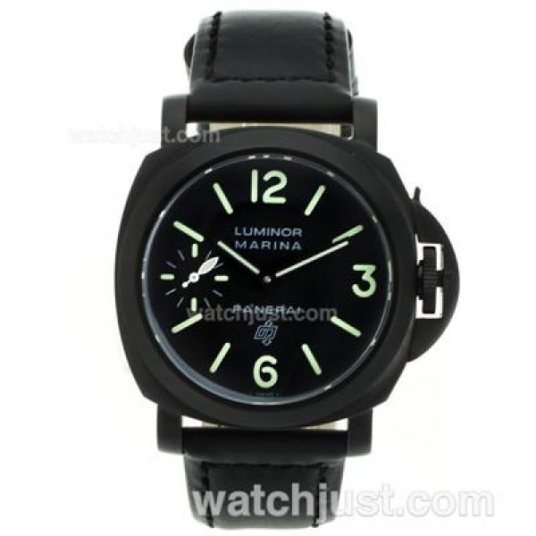 Panerai Luminor Marina OP Logo Unitas 6497 Swan Neck PVD Case with Black Dial and Leather Strap