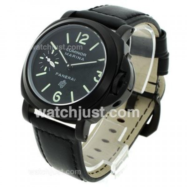 Panerai Luminor Marina OP Logo Unitas 6497 Swan Neck PVD Case with Black Dial and Leather Strap