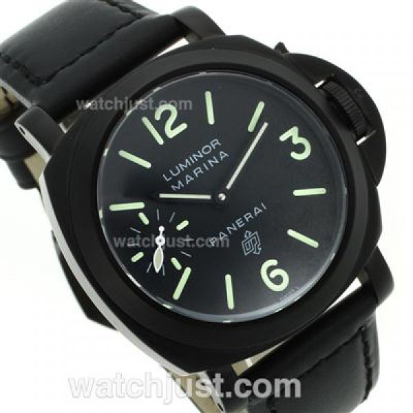 Panerai Luminor Marina OP Logo Unitas 6497 Swan Neck PVD Case with Black Dial and Leather Strap