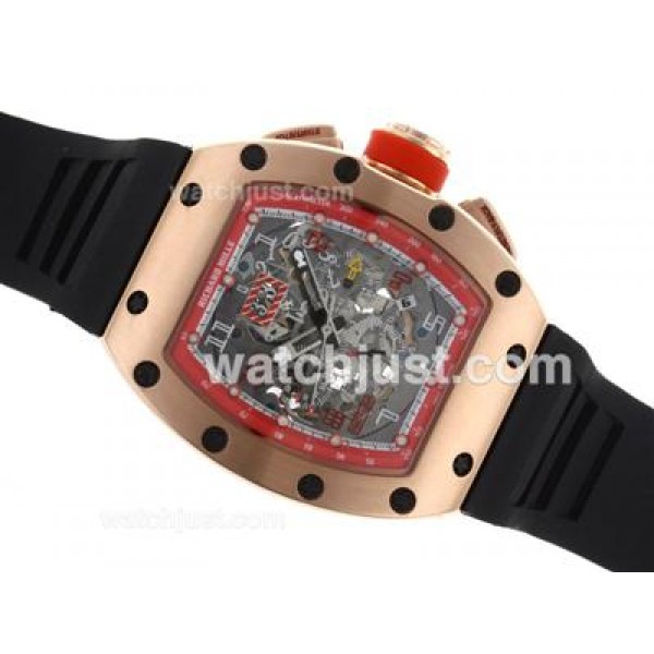 Richard Mille RM011 Automatic Rose Gold Case with Skeleton Dial-Red Bezel