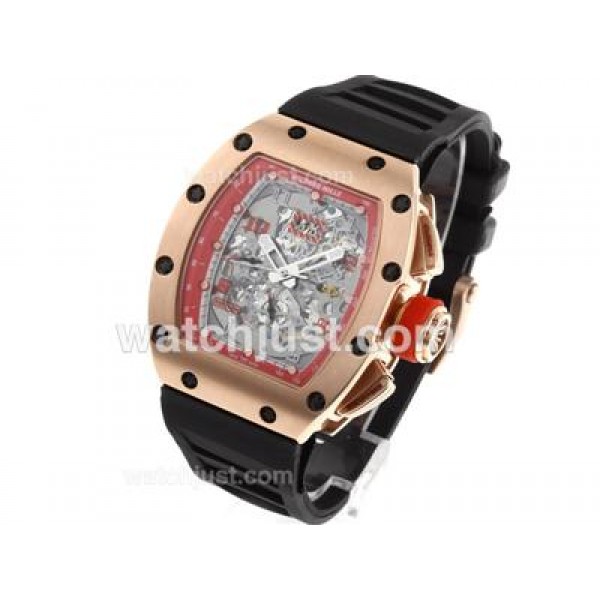 Richard Mille RM011 Automatic Rose Gold Case with Skeleton Dial-Red Bezel