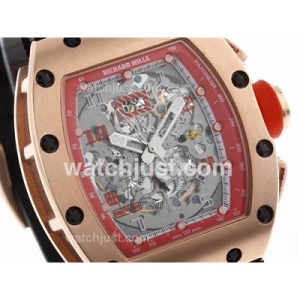 Richard Mille RM011 Automatic Rose Gold Case with Skeleton Dial-Red Bezel