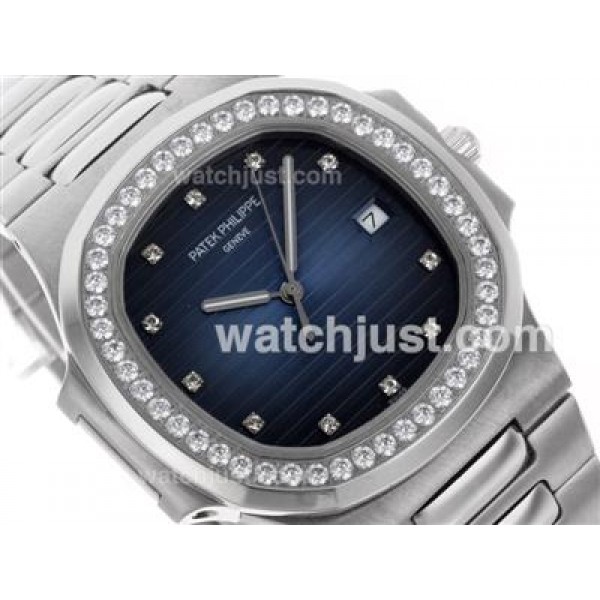 Patek Philippe Nautilus Swiss ETA 2836 Movement Diamond Bezel and Markers with Blue Dial S/S