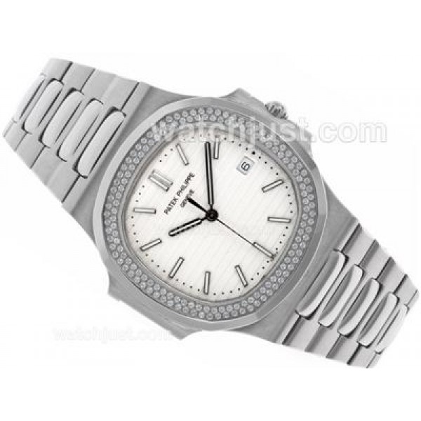 Patek Philippe Nautilus Swiss ETA 2836 Movement Diamond Bezel with White Dial S/S