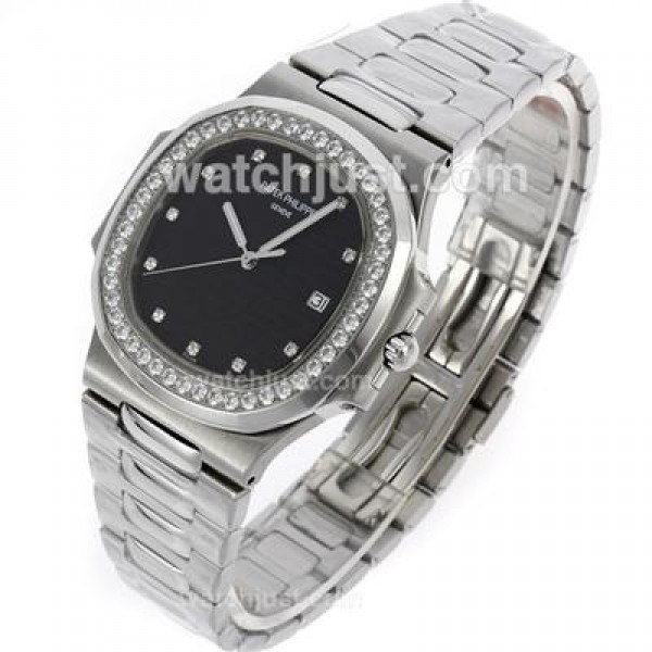 Patek Philippe Nautilus Swiss ETA 2836 Movement Diamond Bezel and Markers with Black Dial S/S
