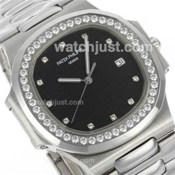 Patek Philippe Nautilus Swiss ETA 2836 Movement Diamond Bezel and Markers with Black Dial S/S