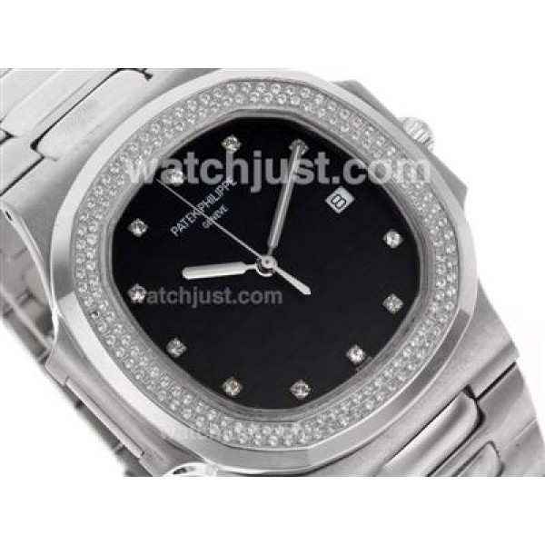 Patek Philippe Nautilus Swiss ETA 2836 Movement Diamond Bezel and Markers with Black Dial S/S